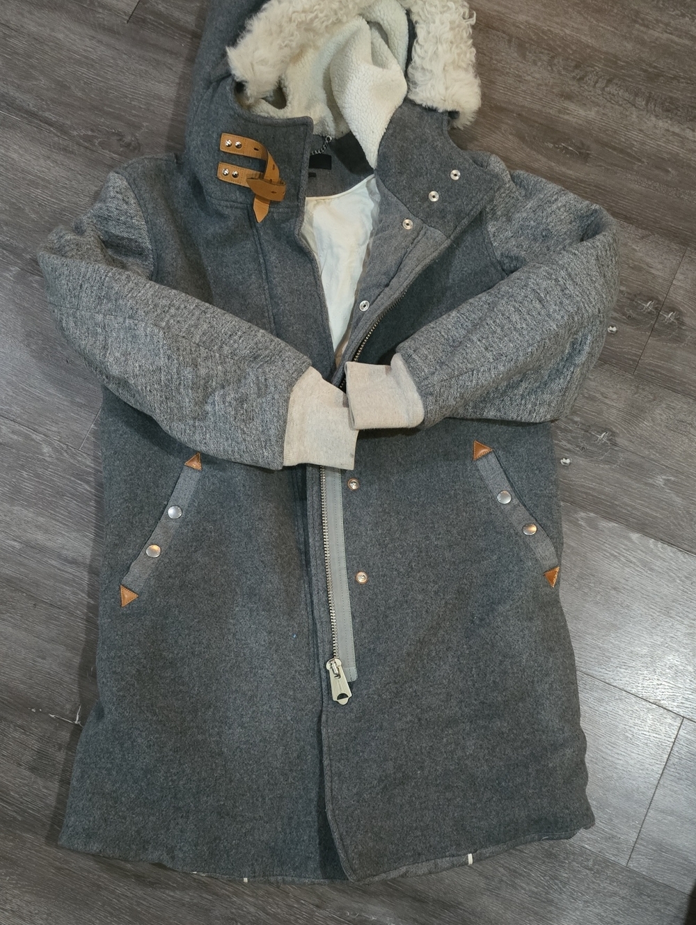 Rag & Bone Grey Wool Quilted Coat w/ Shearling Hood